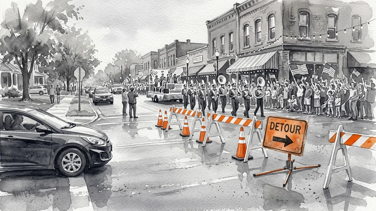 Watercolor of a small-town parade with orange barricades and a Detour sign sending cars down a side street.