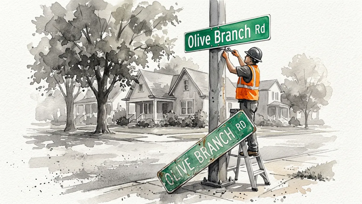 Watercolor of a sign crew replacing an old all-caps OLIVE BRANCH RD street sign with a new mixed-case Olive Branch Rd sign.