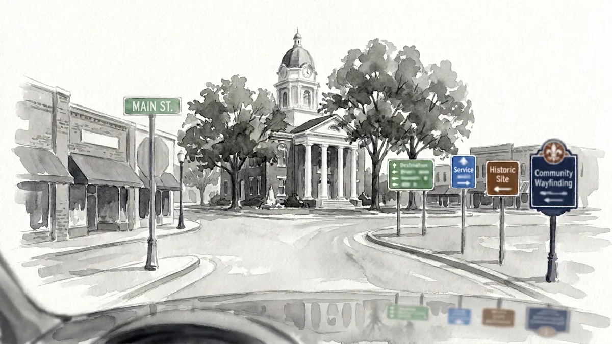 Watercolor of a small-town square with a historic courthouse surrounded by green street name and destination signs, a blue service sign, a brown historic site sign, and a navy wayfinding sign.