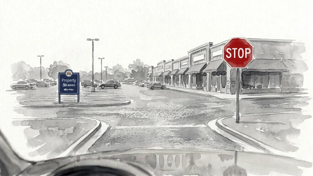 Watercolor of a shopping center with a standard red stop sign on the main drive and a custom navy property sign at the edge of the parking lot.