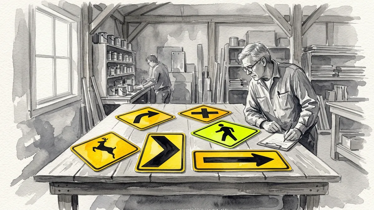 Watercolor of a man studying yellow warning signs on a sign shop table, including diamond curve, cross road, stop ahead, and pedestrian signs and rectangular chevron and arrow signs.