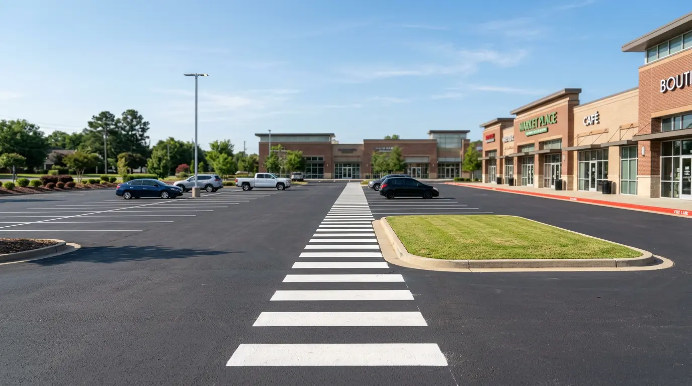 a half full parking lot in a shopping center