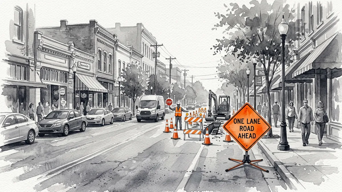 Watercolor of a One Lane Road Ahead sign ahead of a flagger, cones, and one open lane on a downtown street.