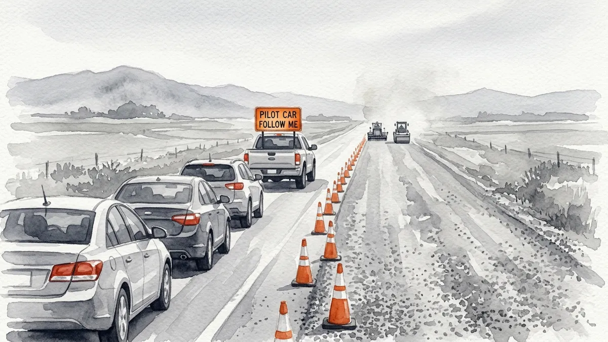 Watercolor of a pilot car with a Pilot Car Follow Me sign leading a line of cars through a one-lane work zone.