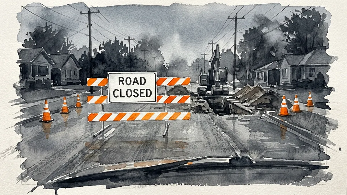Watercolor of a single Type 3 barricade with a white Road Closed sign across the center of a residential street, with water main work beyond.