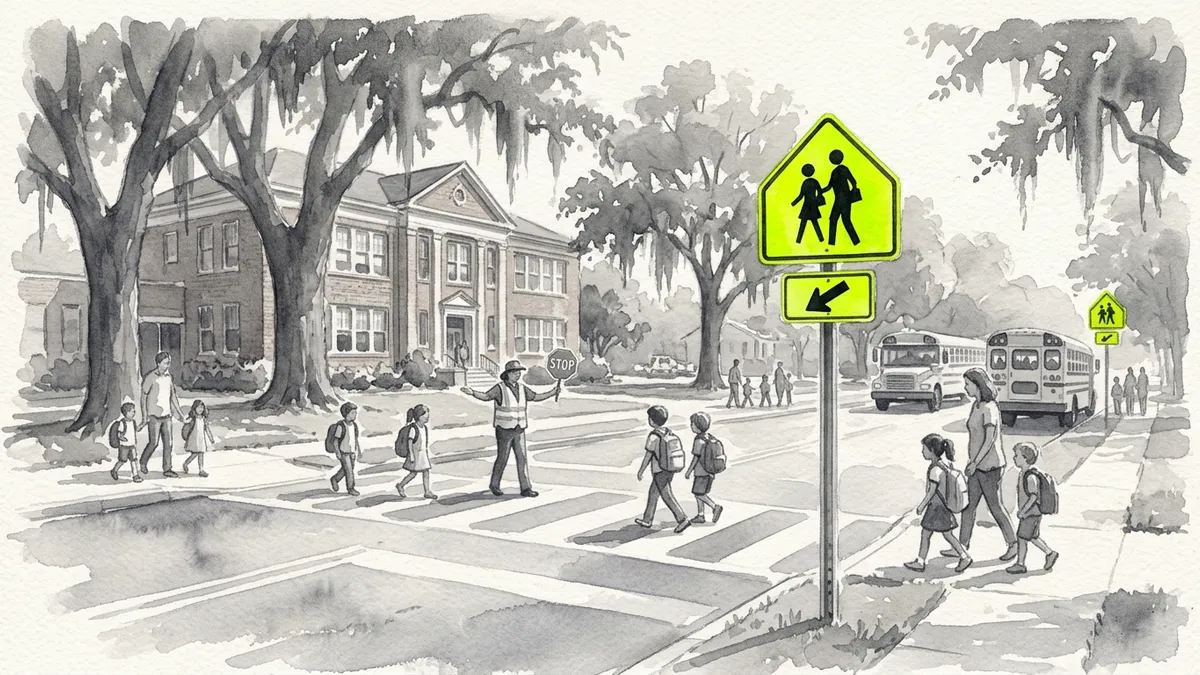 Watercolor of a fluorescent yellow-green School sign with a downward arrow plaque at a crosswalk in front of an elementary school.
