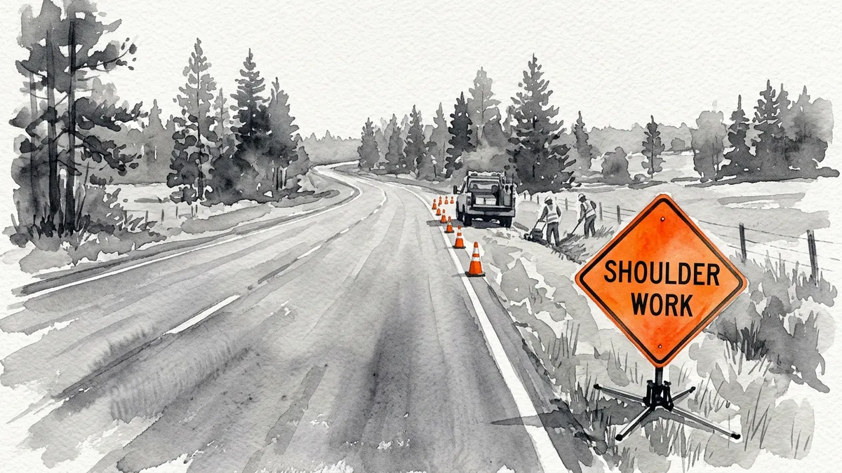 Watercolor of a Shoulder Work sign on a portable stand ahead of cones and a crew working on a highway shoulder.
