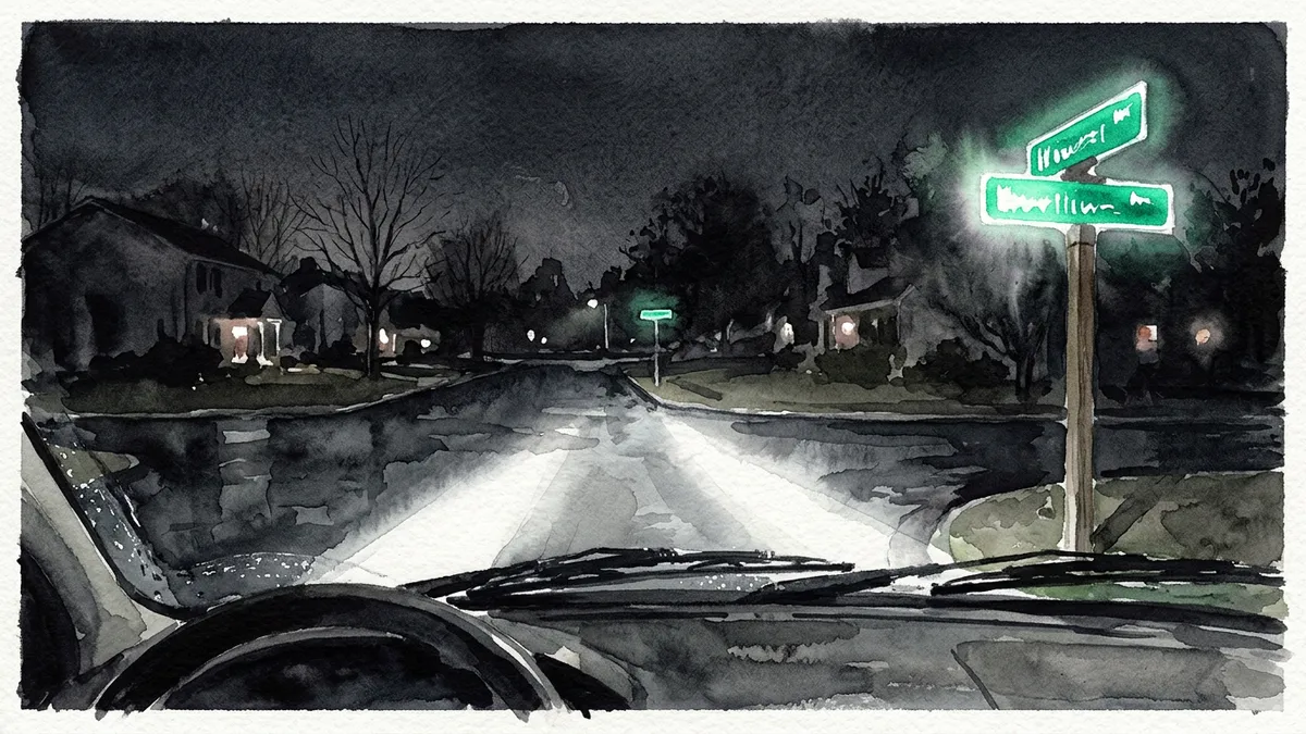 Watercolor of a residential intersection at night where car headlights make two green street name signs glow brightly.