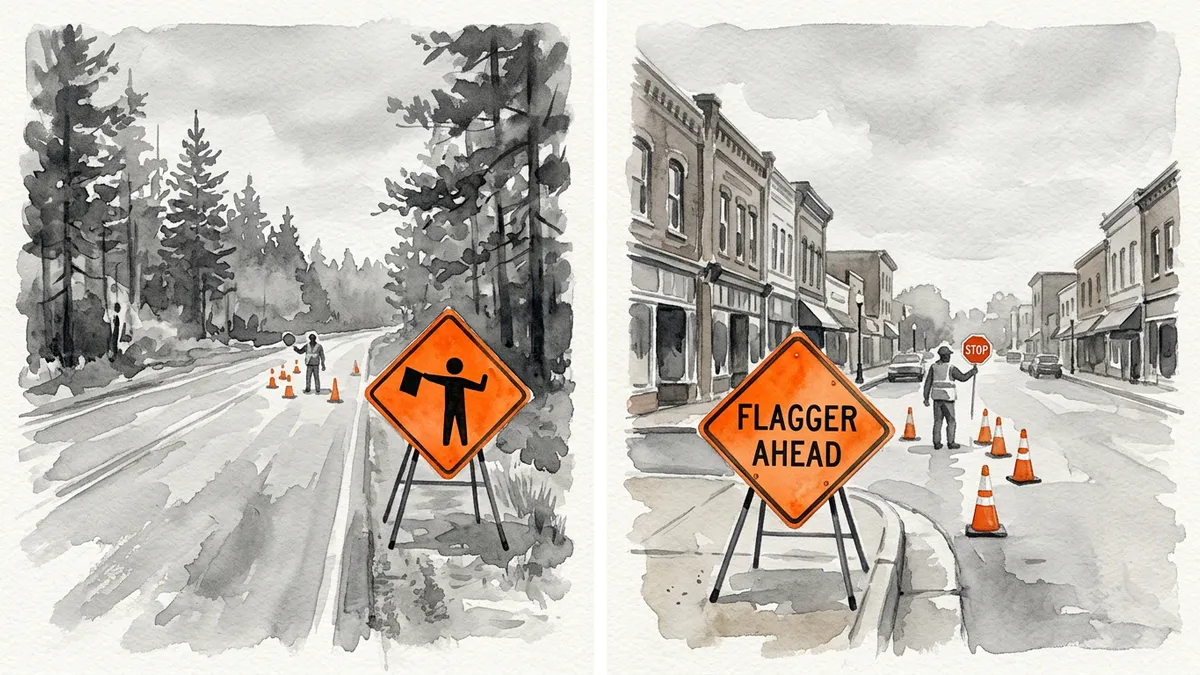 Watercolor in two panels: a symbol Flagger Ahead sign on a country road and a text Flagger Ahead sign on a town street.
