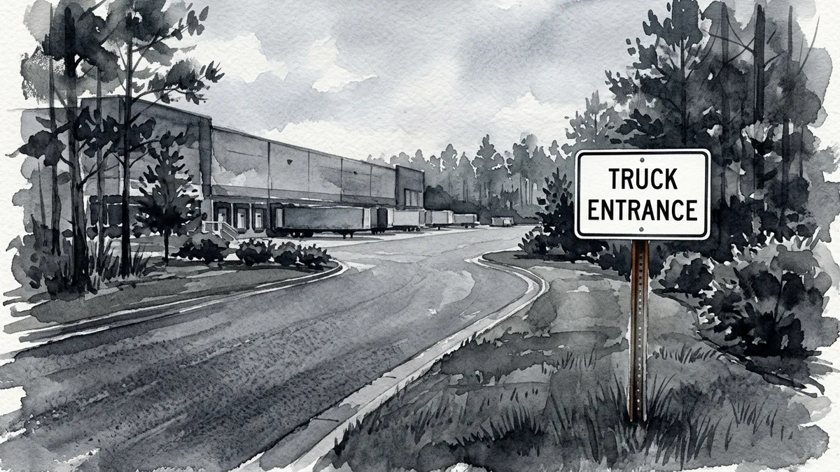 Watercolor of a distribution center driveway with a white Truck Entrance sign and loading docks beyond.