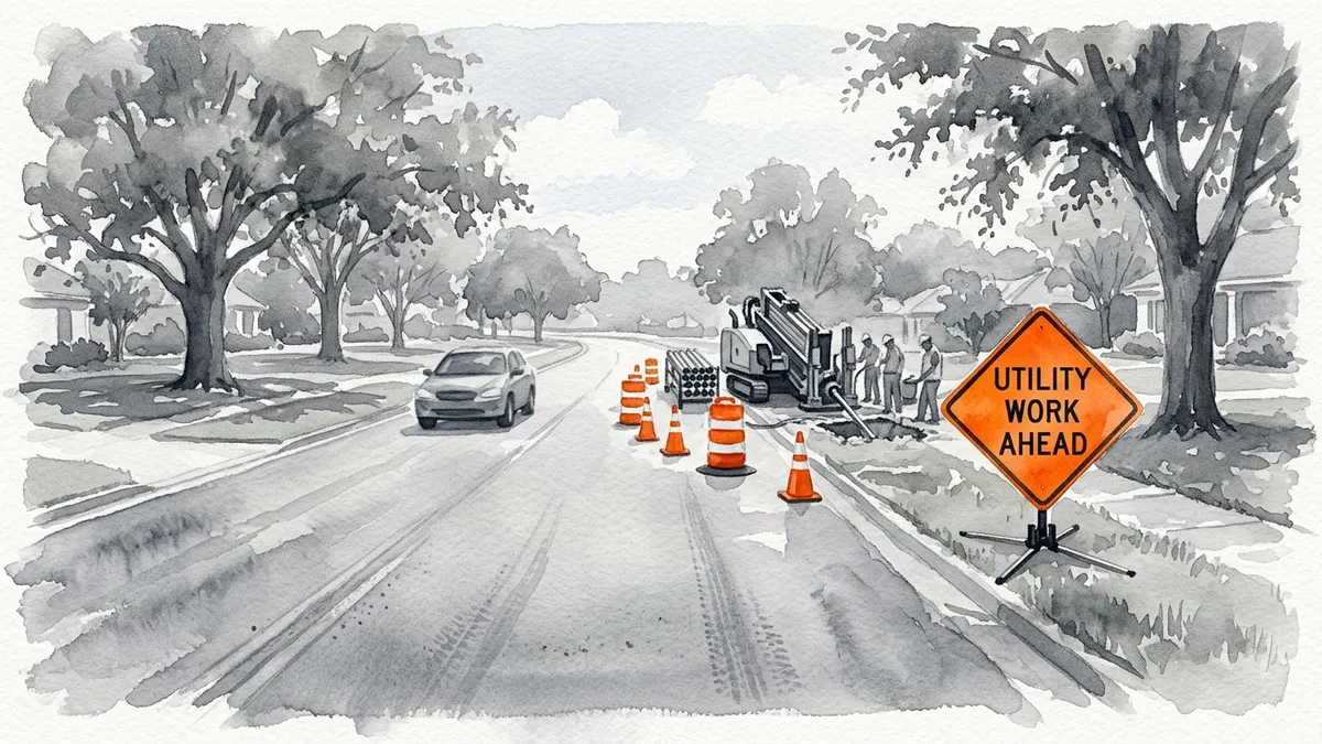 Watercolor of a Utility Work Ahead sign on a portable stand ahead of cones, drums, and a directional boring rig.