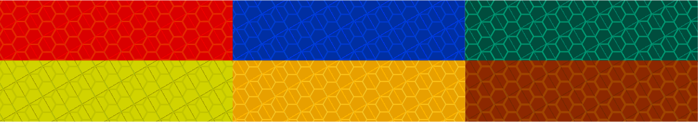 This image displays six panels of high-intensity prismatic retroreflective sign sheeting arranged in a two-by-three grid. The top row features red, blue, and teal green samples, while the bottom row shows fluorescent yellow, orange, and dark orange panels. Each sample reveals a honeycomb prismatic microstructure engineered for superior retroreflectivity on traffic signs, meeting ASTM D4956 standards for regulatory, warning, and guide sign applications.