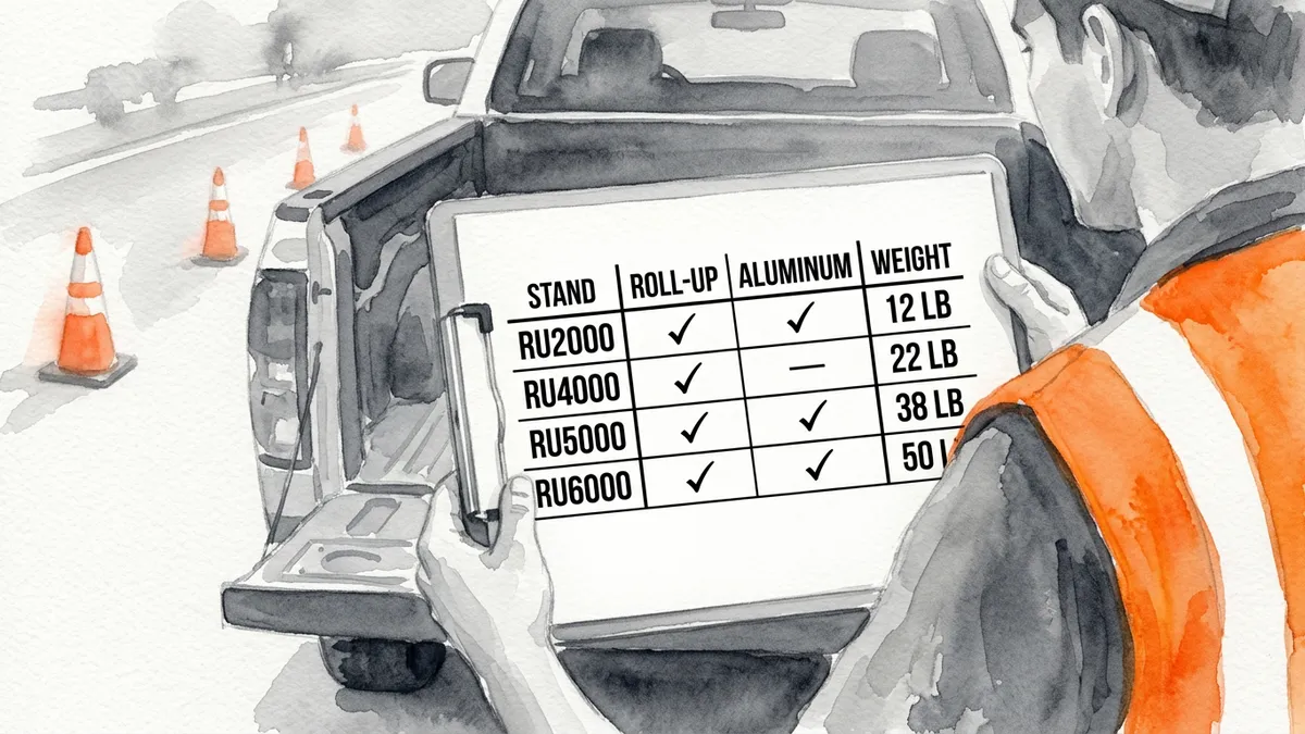Watercolor of a contractor at a work truck reading a sign stand comparison chart on a clipboard, with cones on the shoulder behind.