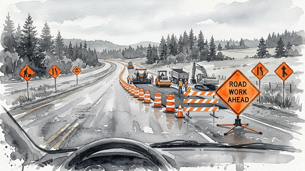 Watercolor of a work zone with orange Road Work Ahead, Workers, and Lane Ends signs ahead of cones, drums, and a barricade.