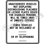 Unauthorized Vehicles Not Displaying Distinguishing Placards Sign
