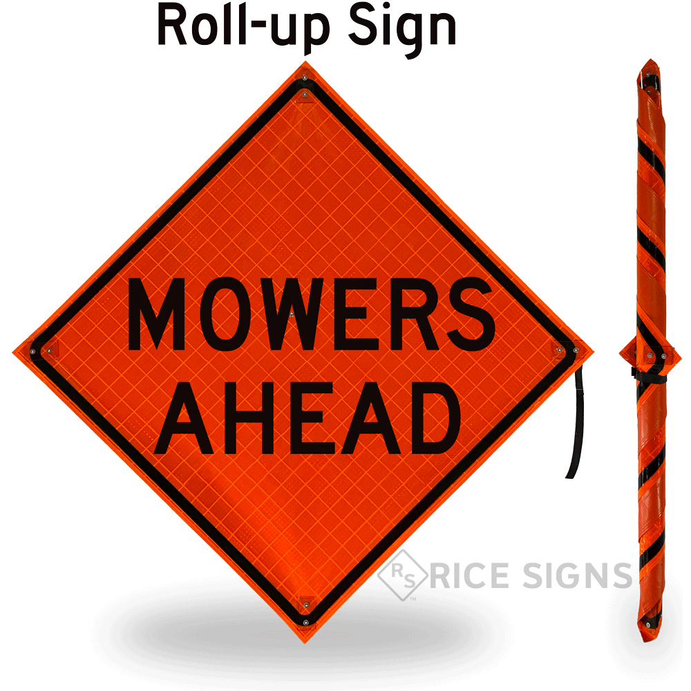 48" MOWERS AHEAD Roll-Up Sign with Ribs..FLUORESCENT VINYL 