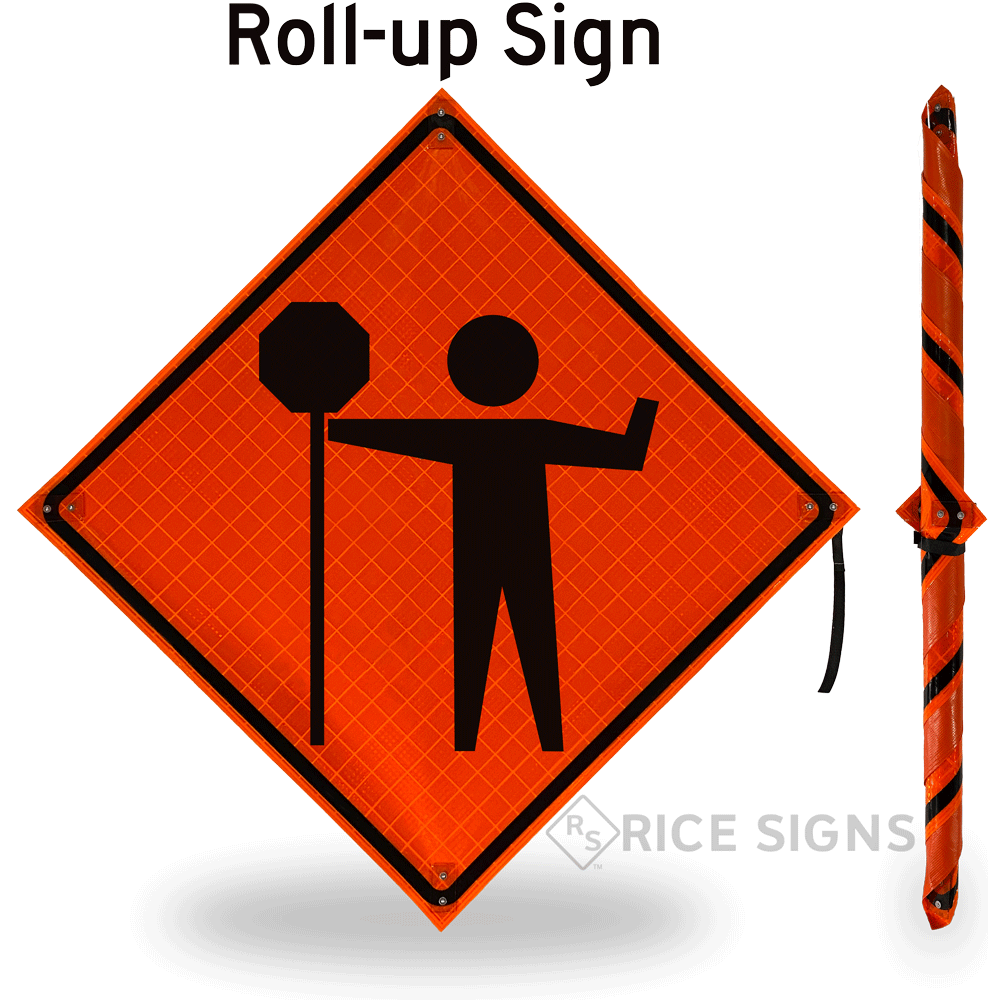 Flagger Ahead (symbol With Paddle) Roll-up Sign