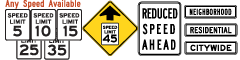 Speed limit traffic signs with your speed.  Speed limit 25 mph and more signs.