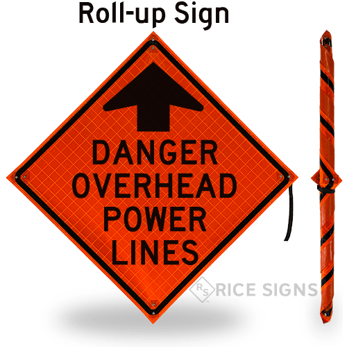 A link to Danger Overhead Power Lines Roll-Up Signs