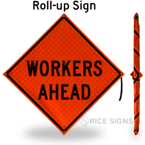 A link to Workers Ahead Roll-Up Signs