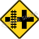 Cross Road With Railroad Tracks Left Signs