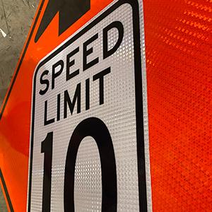 Speed limit 10 sign used in a construction zone.