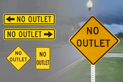 Composite image showing five yellow 'NO OUTLET' sign variants: two rectangular signs with left and right arrows at top left, a small diamond and a small rectangular version at bottom left, and a large diamond-shaped 'NO OUTLET' sign mounted on a metal post on the right, set against a faded background of a residential street with a lamp post and green lawn under overcast skies.